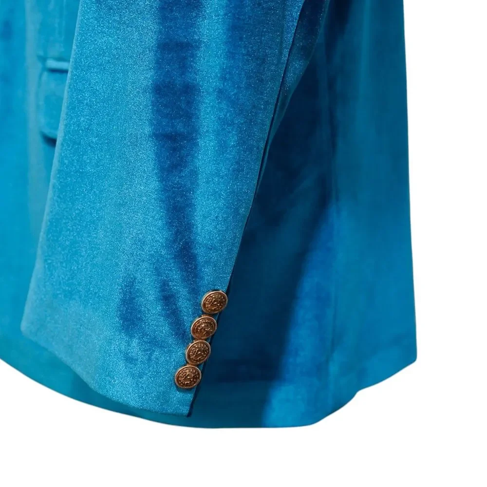 Mens 42R Turquoise Blue Velvet Blazer Hand Embroidered Lapel Tuxedo Suit Jacket